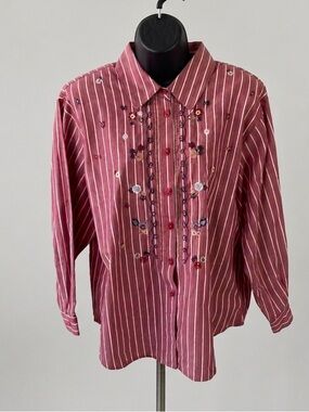 Koret vintage Red Striped Button-Up Blouse with Floral Embroidery